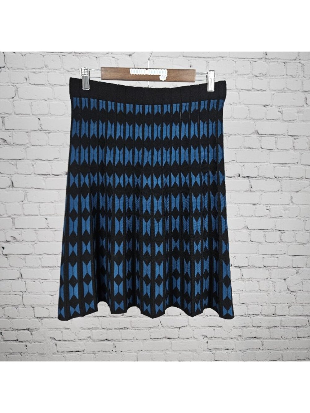 NWT Ninety Clothing Co. Blue Black Knit Geometric Pull On A-Line Short Skirt M